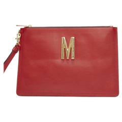 MOSCHINO Couture! smooth red leather gold M top zip wristlet clutch bag