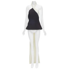 SAFIYAA black white pleated asymmetrical halter train top black flared pant UK12