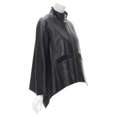 HERMES giacca svasata in pelle di vitello nera con finiture in velluto a coste navy FR36