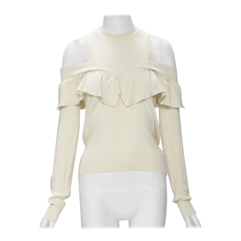 FENDI cream wool silk cashmere cold shoulder ruffle knit sweater IT44 M For Sale
