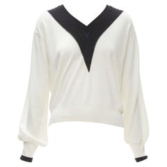 CHANEL 100% lana marfil blanco negro intarsia cadena jersey colegiala FR38 M