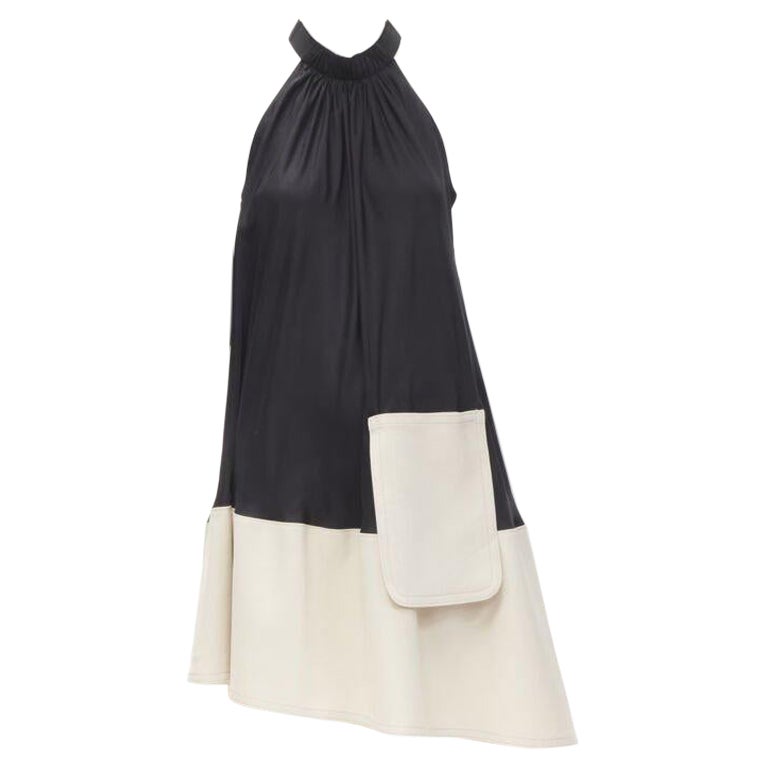 TIBI black beige polyester patch pocket buckle halter A-line dress US2 S For Sale