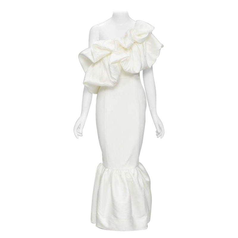 SOLACE Tove Midi-Kleid mit Rüschen aus weißem Polyester mit Kaskadenmuster UK12 M
