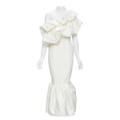 SOLACE Tove Midi white polyester ruffle cascade shoulder flounce dress UK12 M