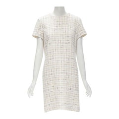 CHANEL light pink beige black check tweed short sleeve sheath dress FR38 M