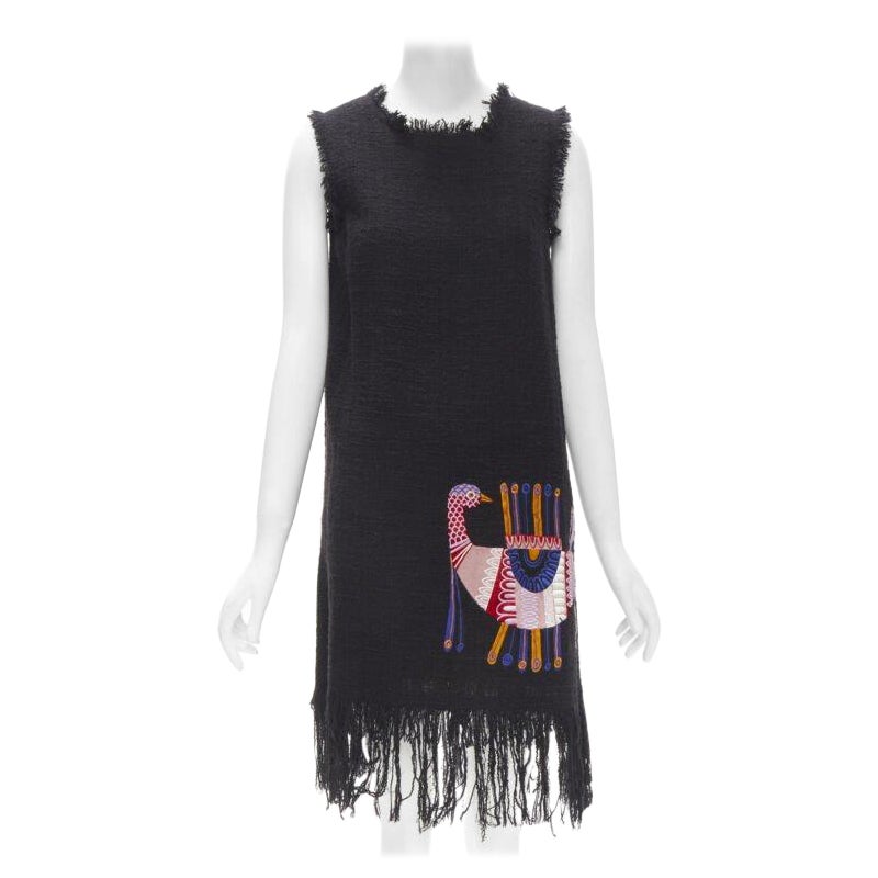 MSGM tweed ethnic bird embroidery fringe hem little black dress IT40 S For Sale