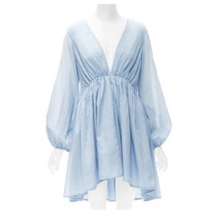 KALITA 100% cotton sky blue plunge neck bell sleeve short dress S/M