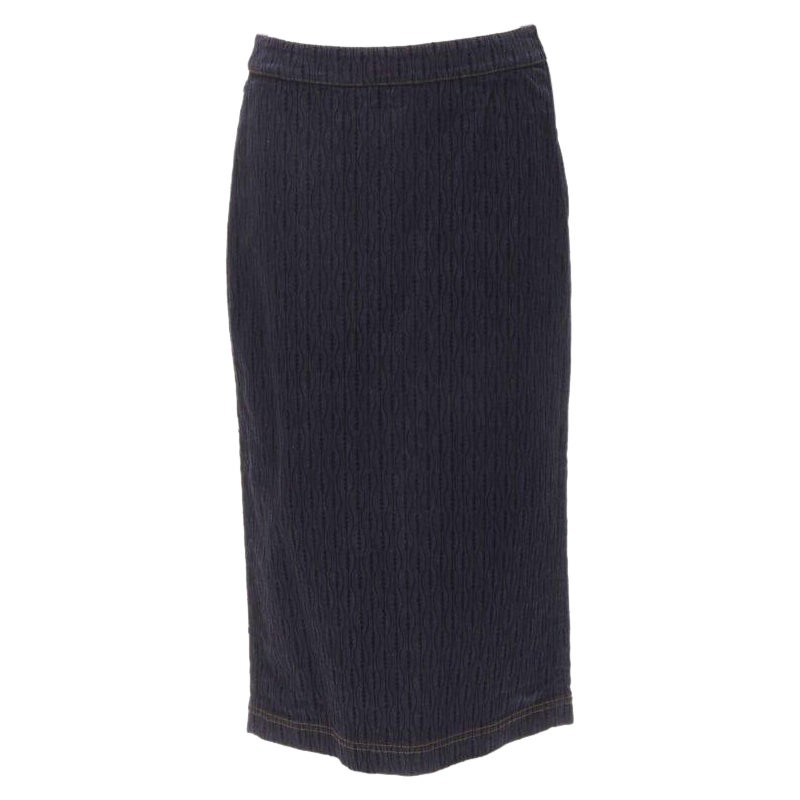 FENDI black graphic flocked velvet indigo denim midi skirt IT42 M For Sale