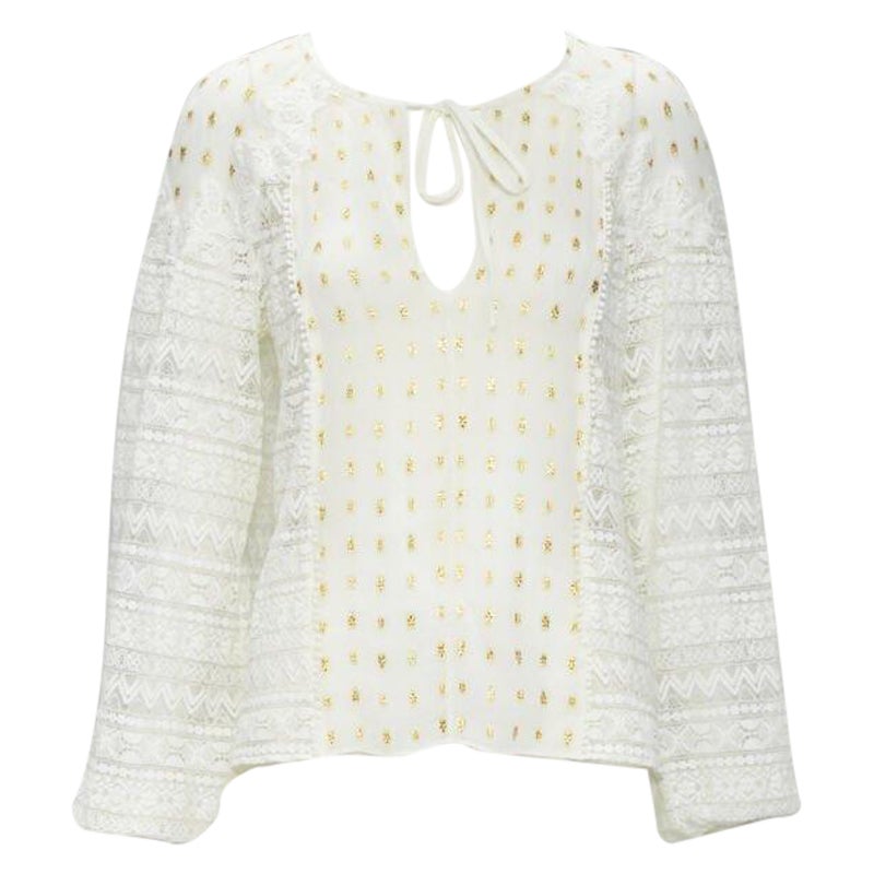 TEMPERLEY LONDON white sheer gold jacquard crochet lace bohemian top US4 S For Sale