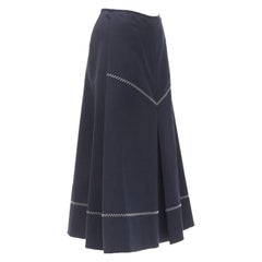ELLERY gonna svasata in poliestere navy e lana bianca con cuciture a punto croce US2 XS