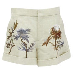 CHRISTIAN DIOR beige cotton linen Dandelion floral embroidery cuffed shorts FR38