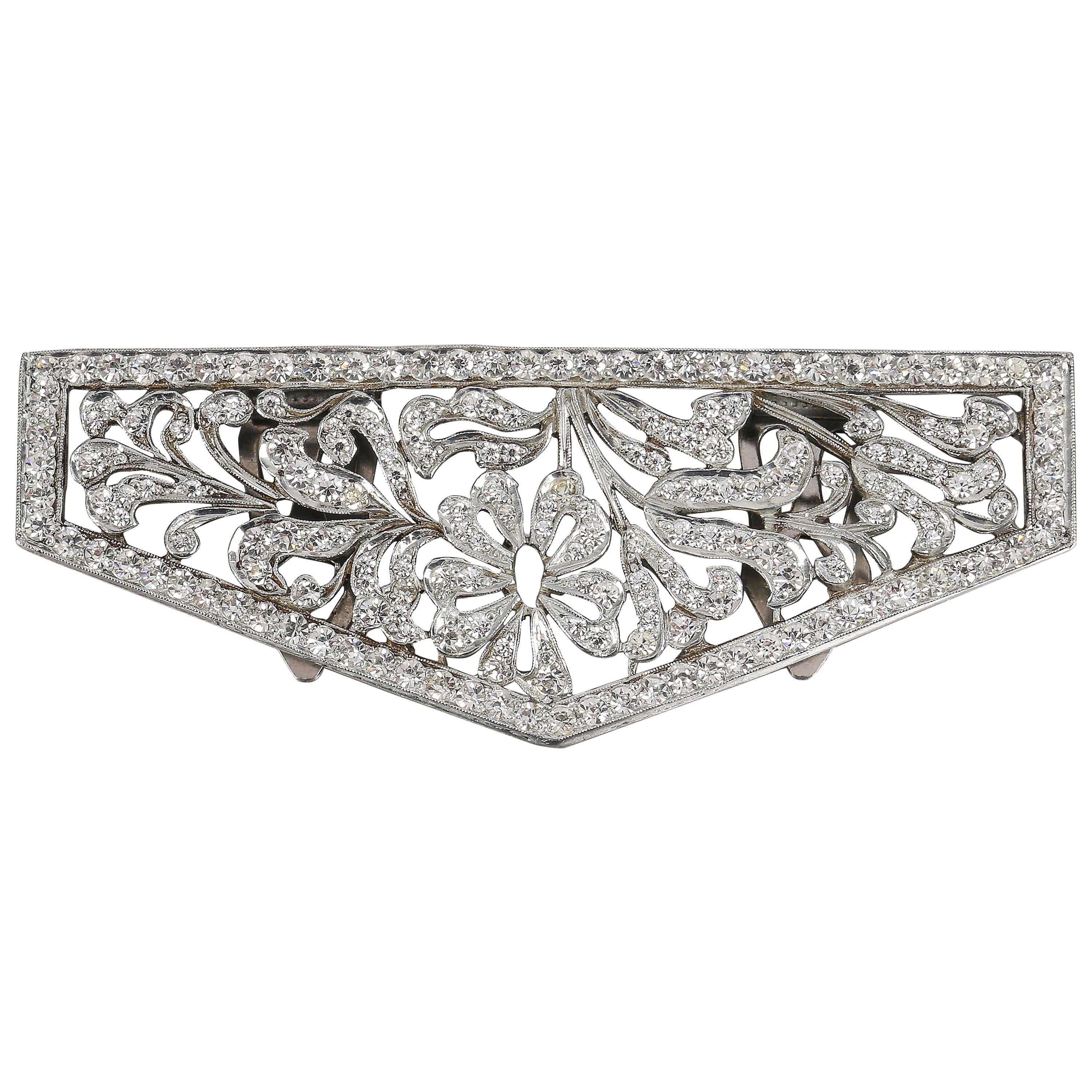c.1930's Cut Steel Silver Crystal Rhinestone Floral Open Work Dress / Fur Clip