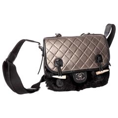 Chanel Limited Edition Pewter Leather Satchel with Mink Panel and Bone Toggles