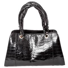 Genuine Crocodile Structured Bag with Twisted Top Handles and Silver Hardware