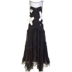   JOHN GALLIANO Black Silk Gown with White Flower 