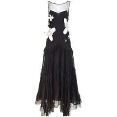 1990s JOHN GALLIANO Black Silk Gown with White Flower 12