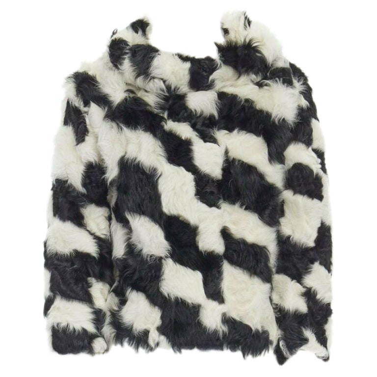 DRIES VAN NOTEN black white Tjekian goat fur high neck boxy sweater top S For Sale