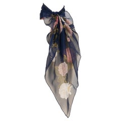 Chanel Silk Muslin Foulard in Blue Tones Representing Flowers