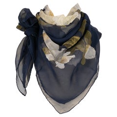 Chanel Large Blue Silk Scarf Printed with Flowers