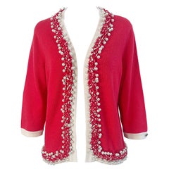 Chanel Primavera 2010 Talla 46 / 12 Suéter Cárdigan Rojo Cachemira Perlas Incrustadas