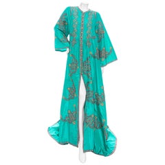 Oscar de la Renta 2000er Teal Seide Habotai Floral bestickter Kaftan mit Blumenstickerei