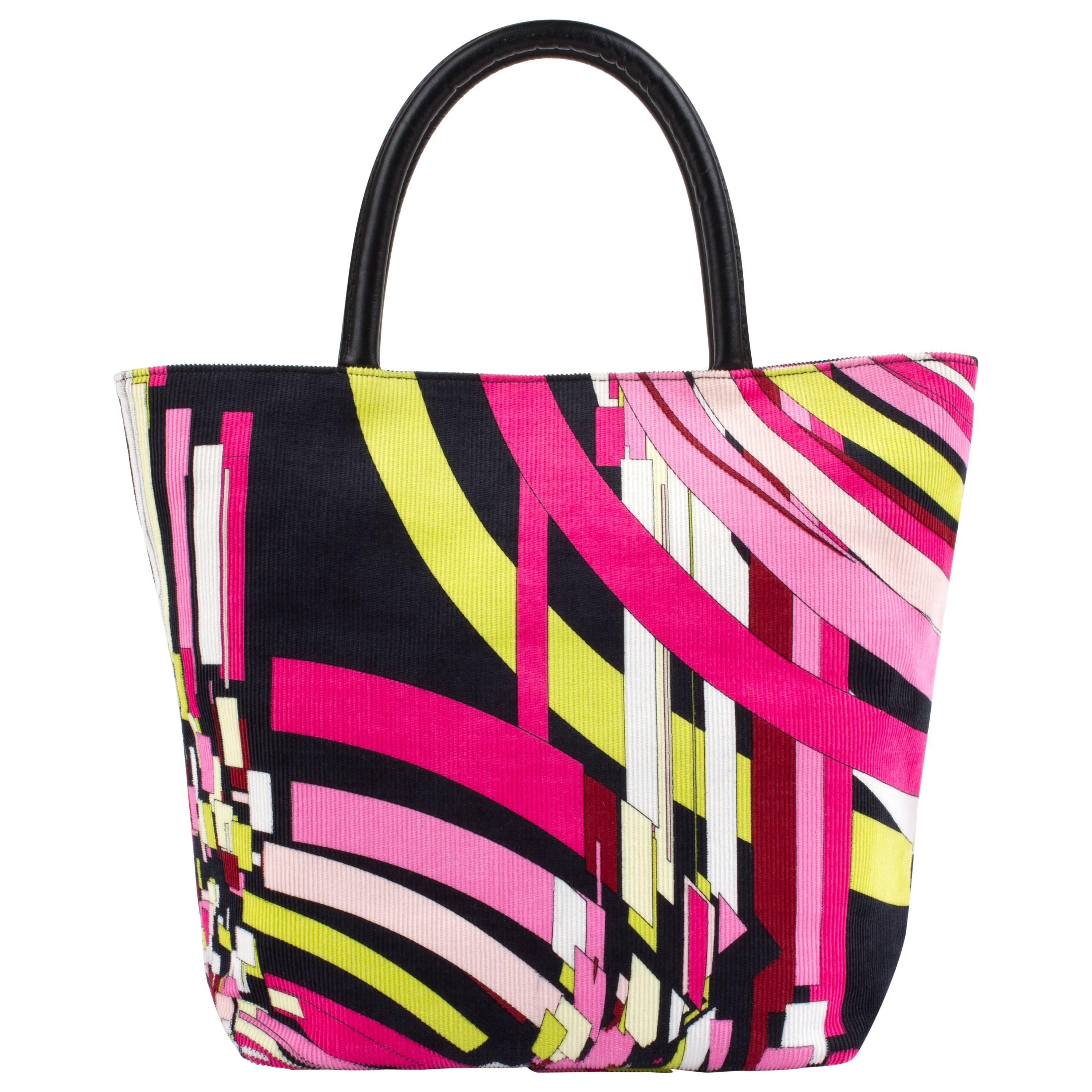 EMILIO PUCCI Multi-Color Signature Geometric Print Corduroy Tote Handbag Purse