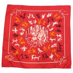 Hermes Red Silk Scarf with Dancing Design