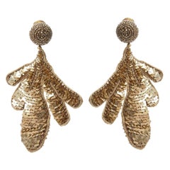 OSCAR DE LA RENTA gold sequin bead embellished leaf statement earring