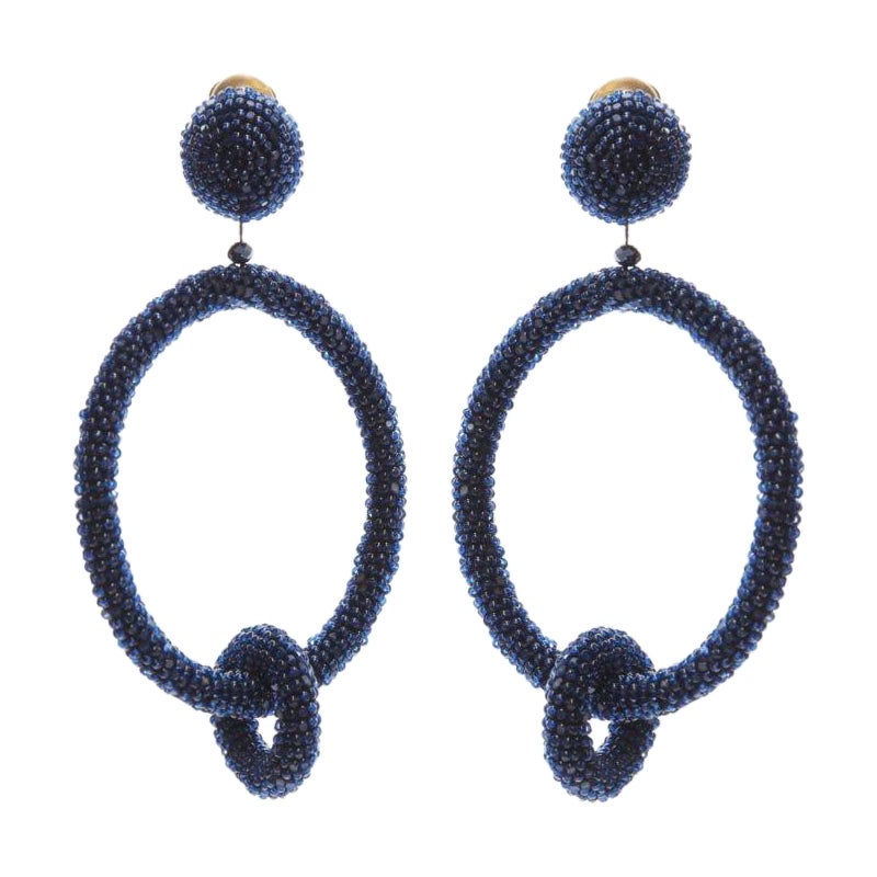 OSCAR DE LA RENTA black fully beaded double hoop drop clip on earrings For Sale
