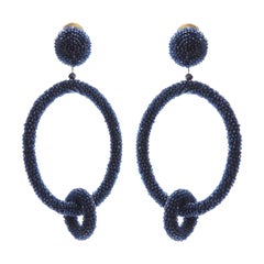 OSCAR DE LA RENTA black fully beaded double hoop drop clip on earrings