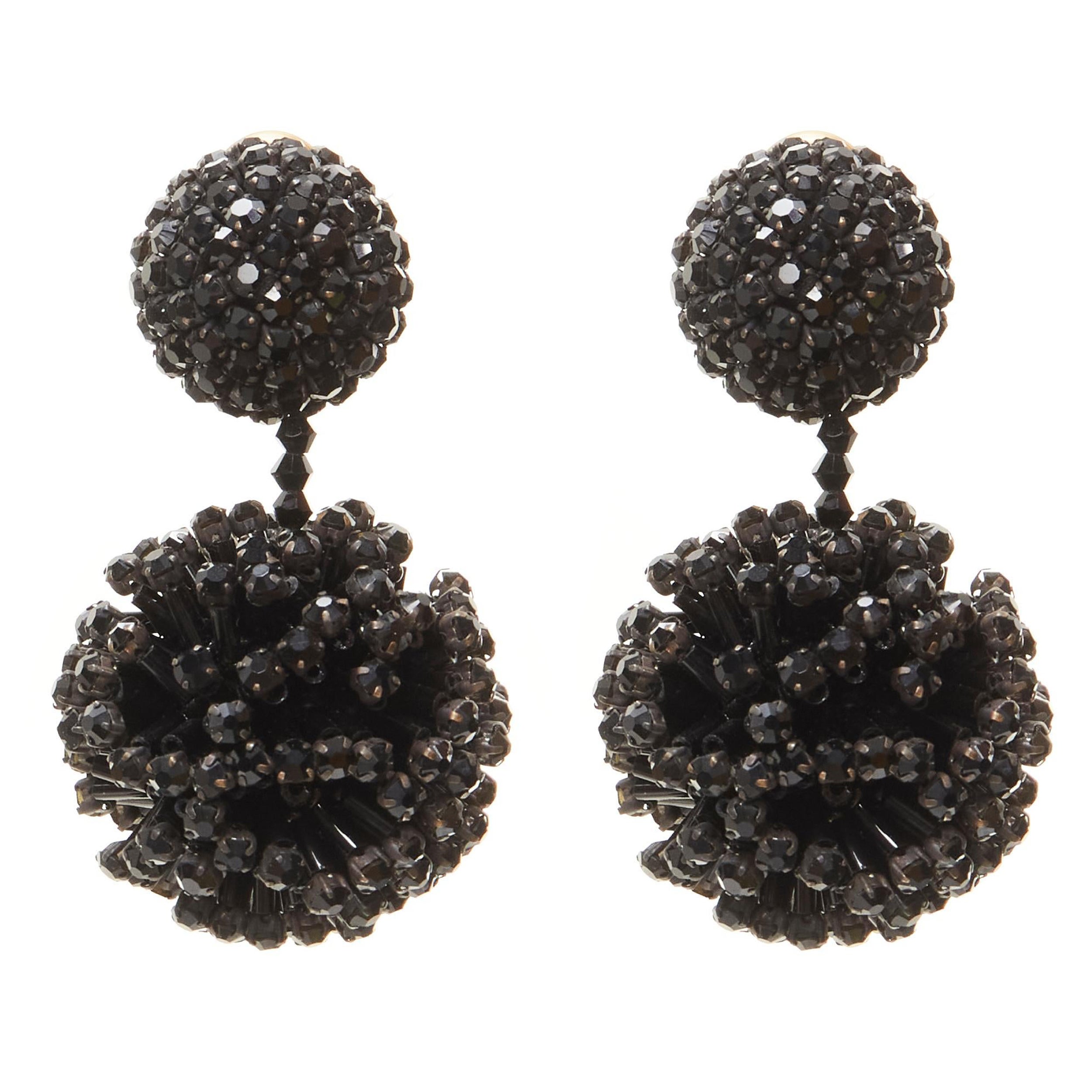 OSCAR DE LA RENTA black beaded crystal double ball drop clip on earrings For Sale