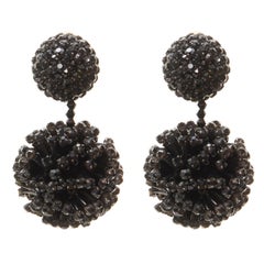 OSCAR DE LA RENTA black beaded crystal double ball drop clip on earrings