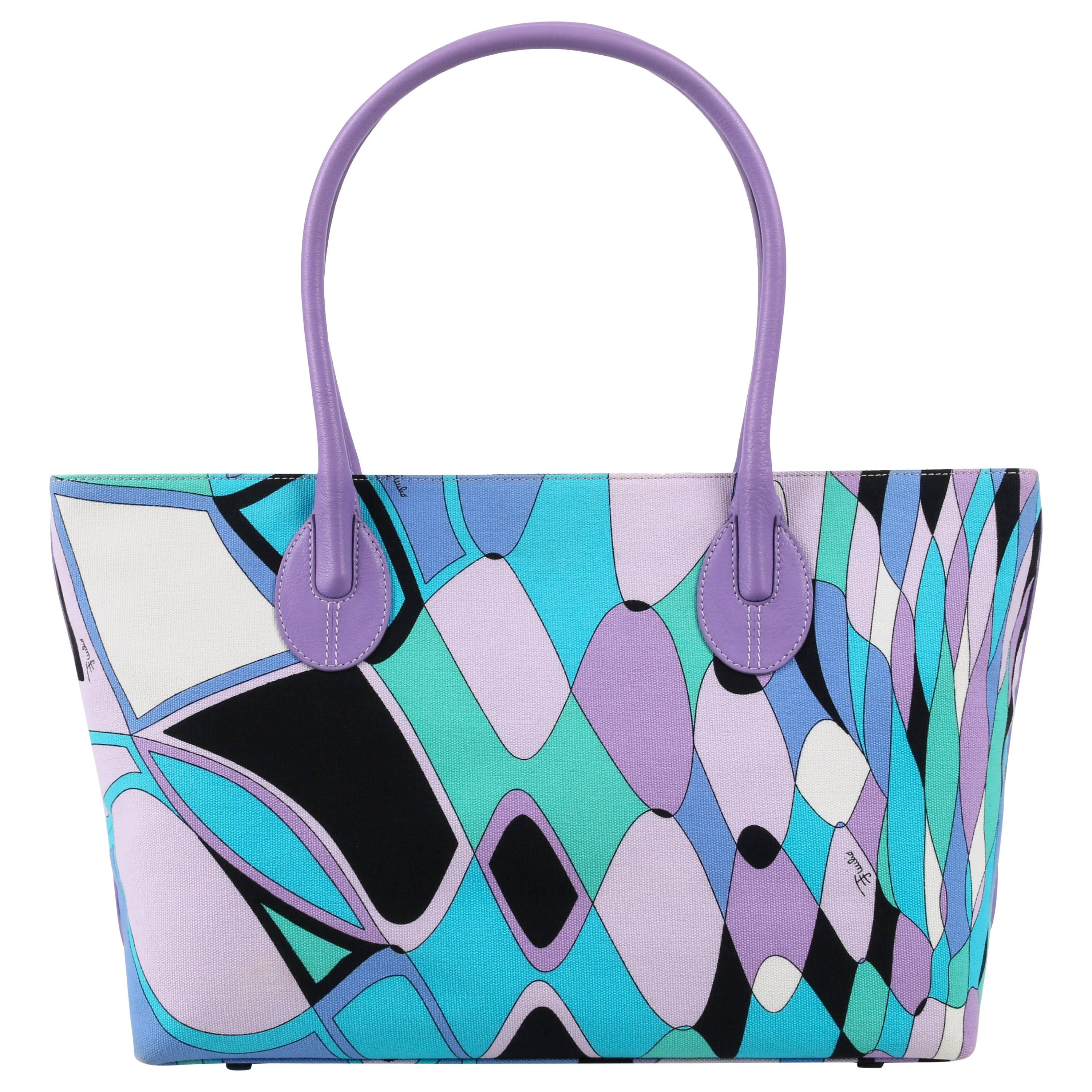 EMILIO PUCCI Multi Color "Reflessi" Signature Print Canvas Handbag Tote Purse
