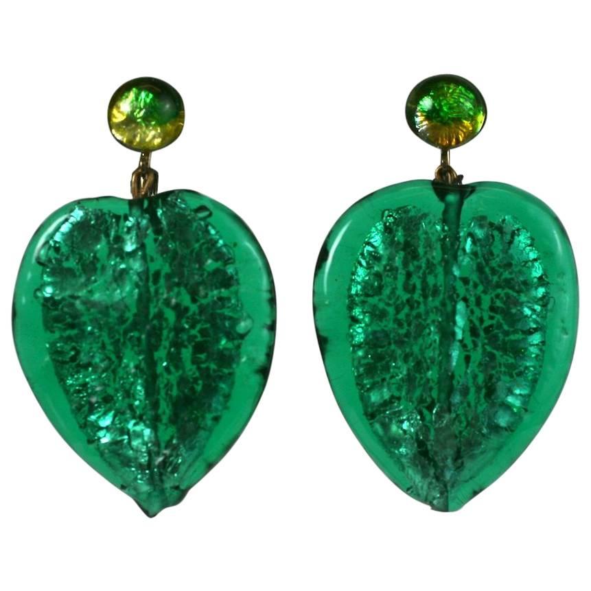 Emerald Murano Leaf Pendant Earrings For Sale