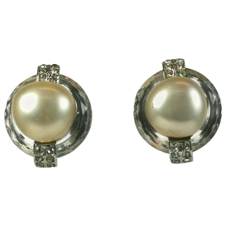 Kenneth Jay Lane Pearl and Crystal Ring Ear Clips For Sale at 1stDibs