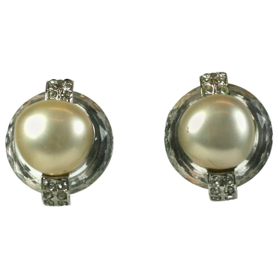 Kenneth Jay Lane Pearl and Crystal Ring Ear Clips For Sale