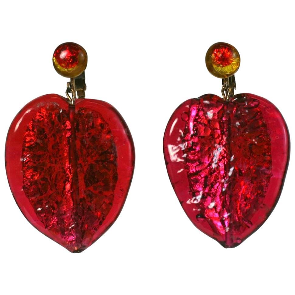 Ruby Murano Leaf Pendant Earrings For Sale