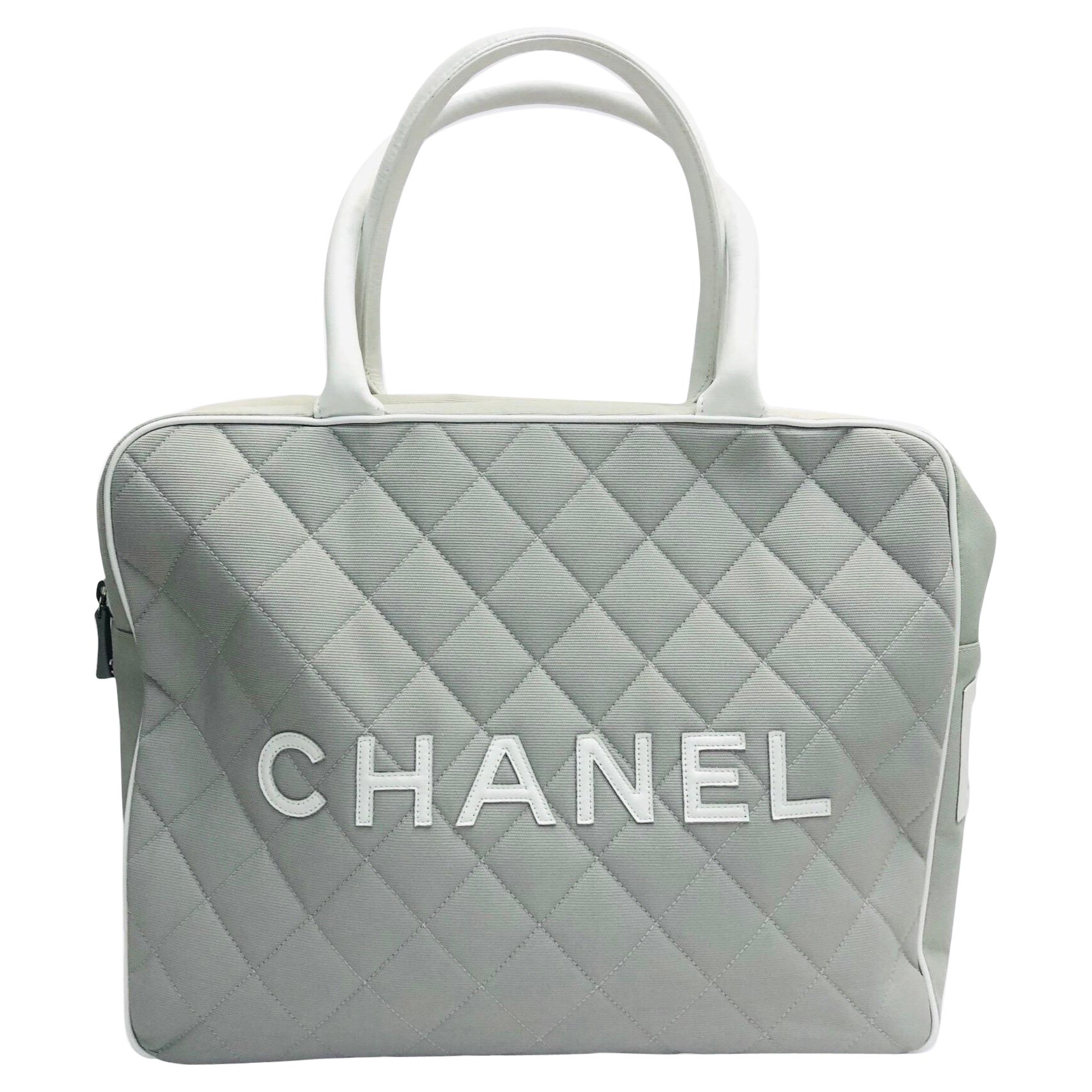 Chanel gray canvas boston style bag For Sale