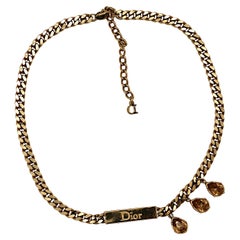 CHRISTIAN DIOR Vintage Gold Tone Chain ID Tag Crystal Necklace