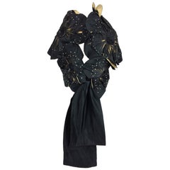Vintage Hand painted black silk taffeta and gold lame floral fantasy evening wrap 1980s