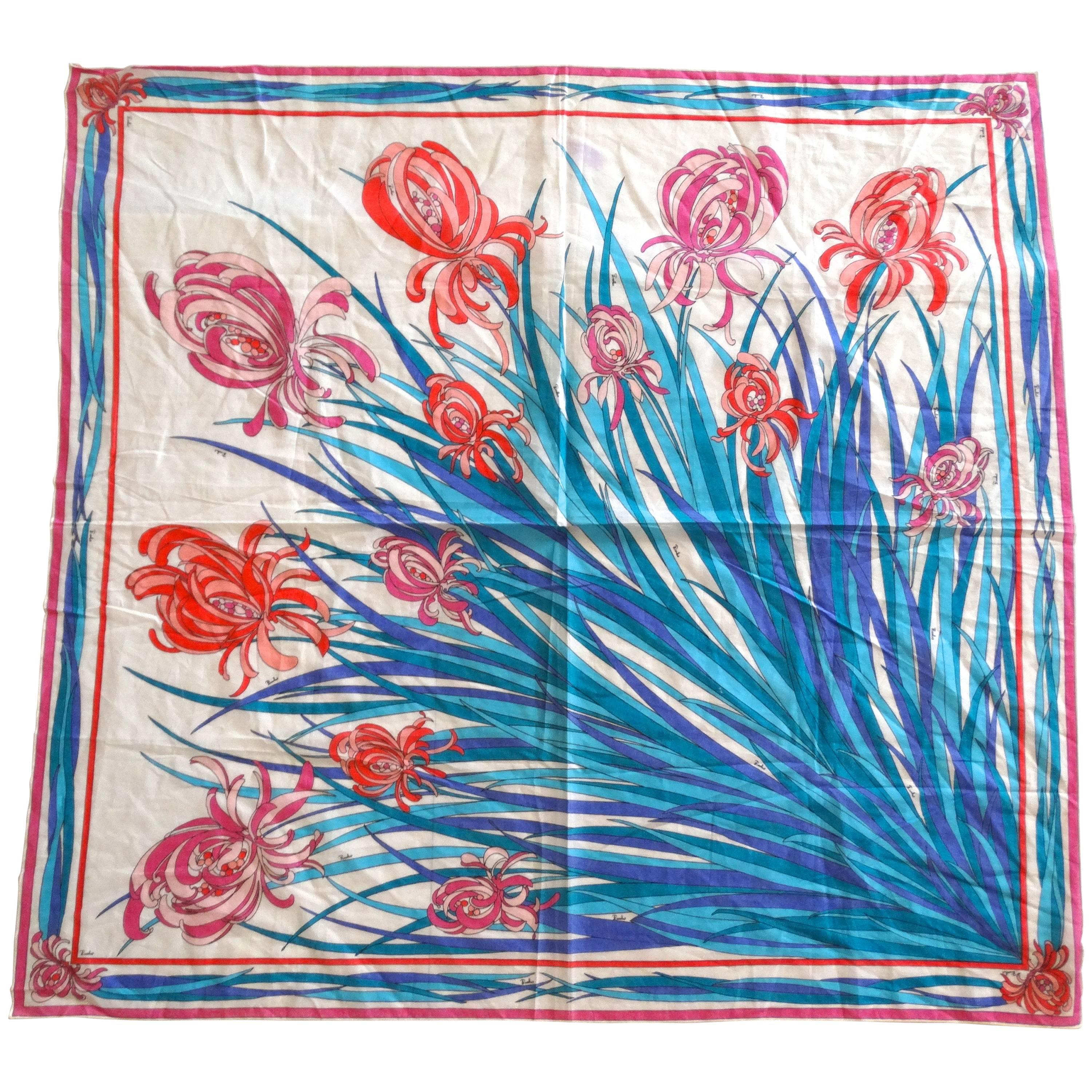 1970s Emilio Pucci Iconic Iris Print Cotton Scarf 