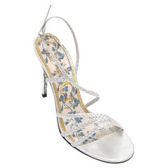 Gucci Sandal Metallic Silver Leather HAINES Strappy Floral Sz 38