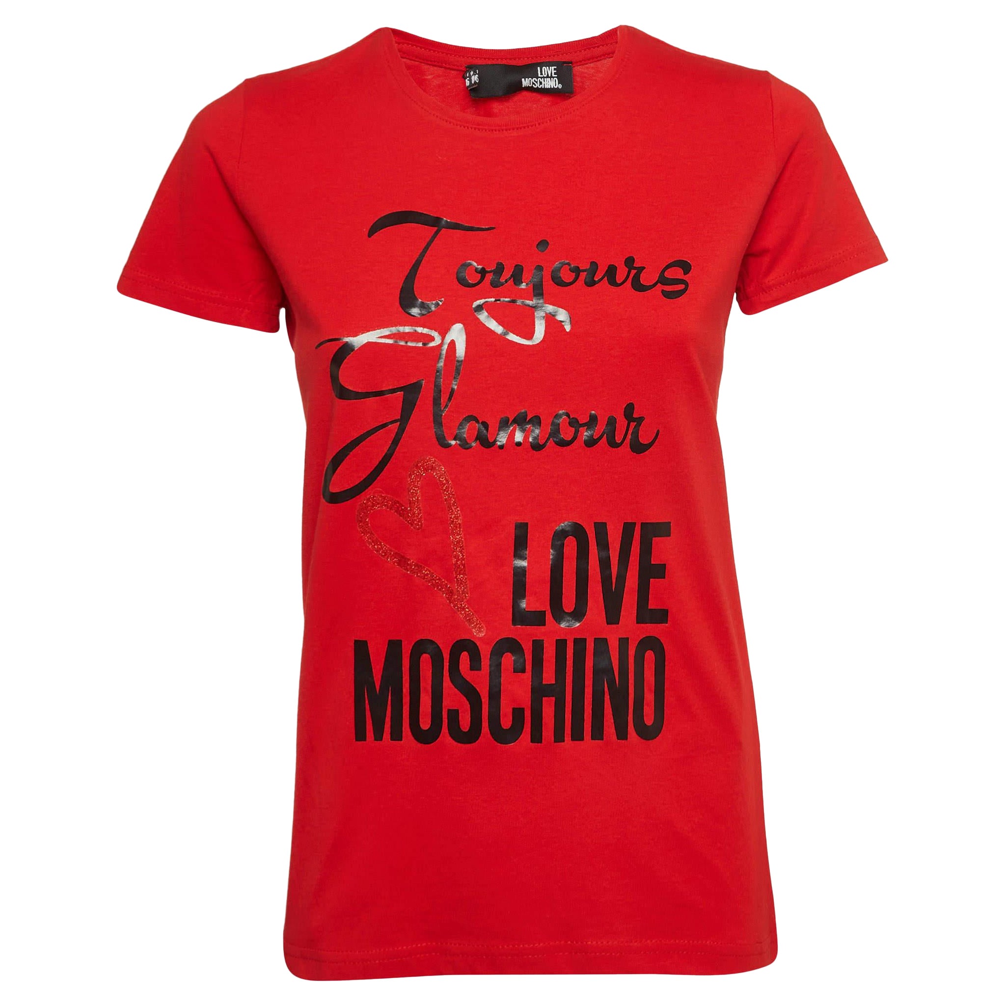 Love Moschino T-shirt col ras du cou en tricot de coton imprimé rouge S en vente