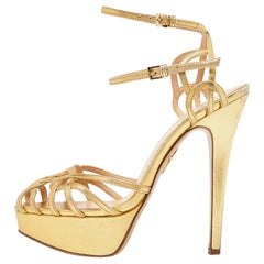 Charlotte Olympia Gold Leather Strappy Platform Sandals Size 37.5