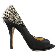 BADGLEY MISCHKA Size 8 Black Silk Beaded Chain Heel Peep Toe Pumps