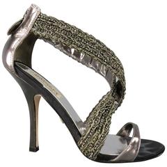 BADGLEY MISCHKA Size 7.5 Metallic Crystal Cross Strap Leather Sandals 7