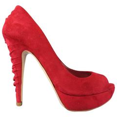 MIU MIU Size 8.5 Red Suede Peep Toe Ruffle Heel Platform Pumps