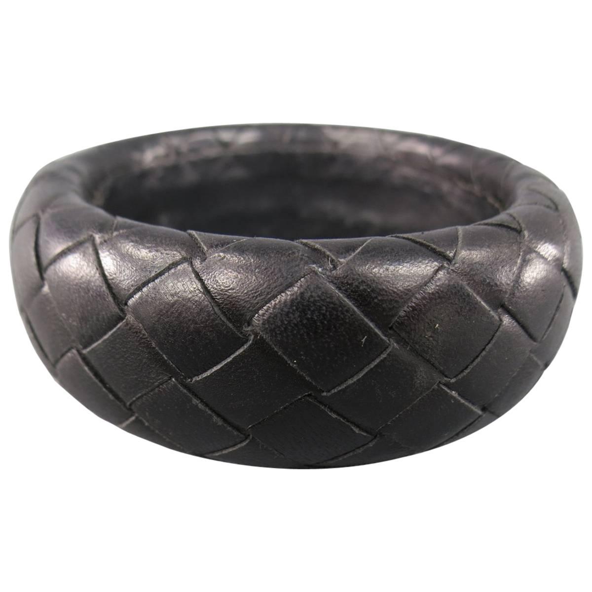 Bottega Veneta Black Woven Intrecciato Leather Bangle Bracelet 