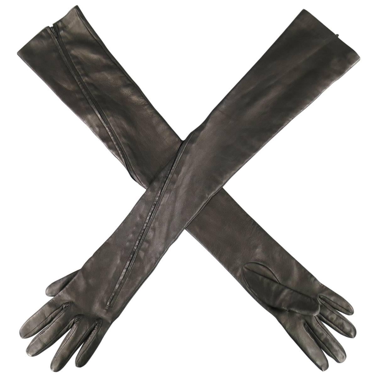 YOHJI YAMAMOTO Black Leather Zip Up Elbow Length Opera Gloves
