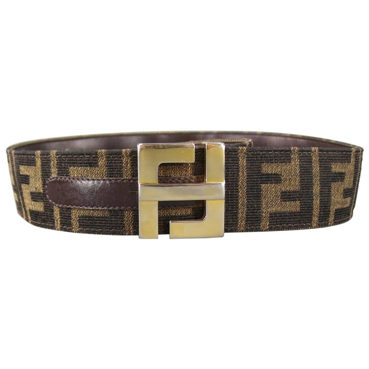 Vintage FENDI S Brown Monogram Canvas Gold Buckle Belt